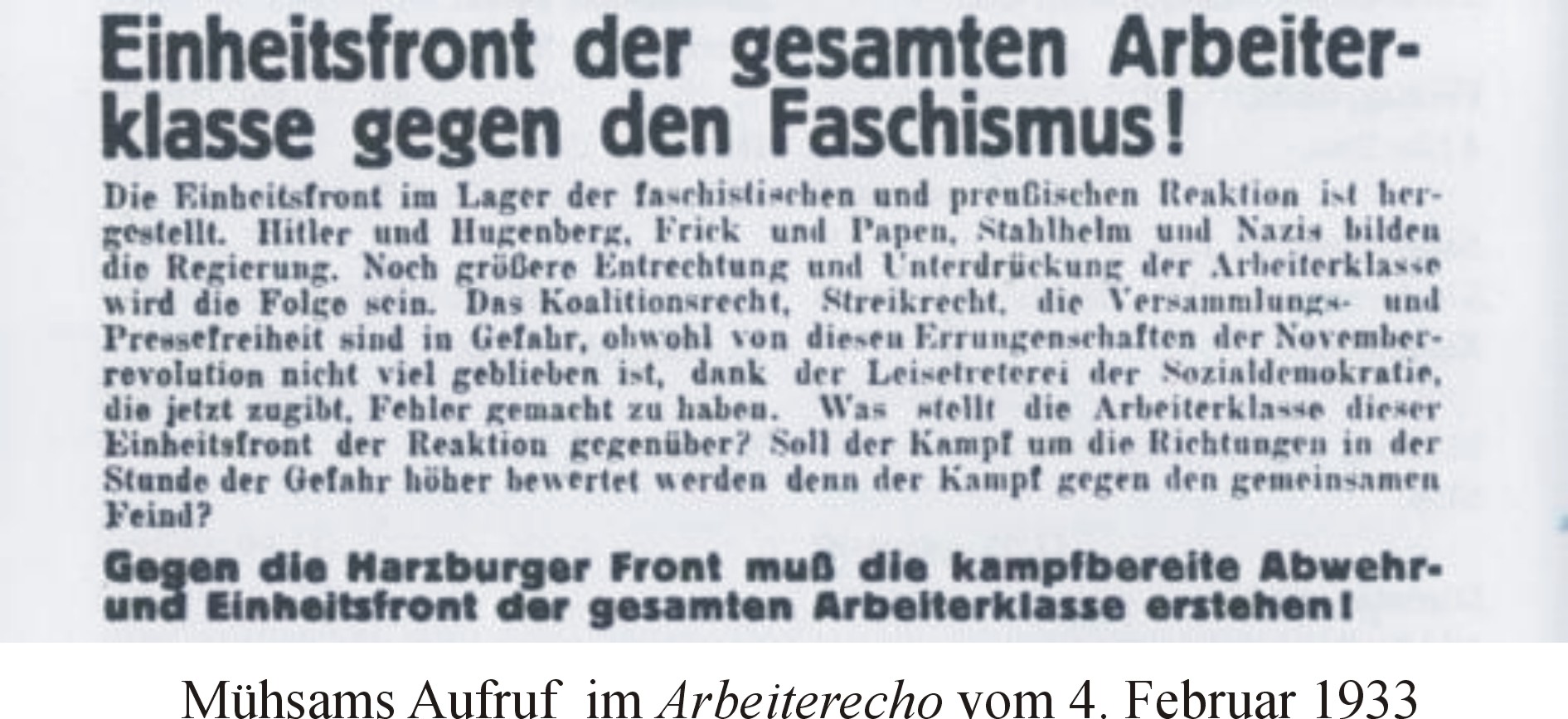 M&uuml;hsams Aufruf im &bdquo;Arbeiterecho&rdquo; vom 4. Februar 1933