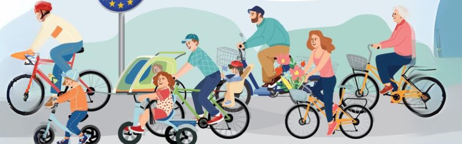 Ein gemaltes Bild zeigt viele verschiedene Fahrradfahrer